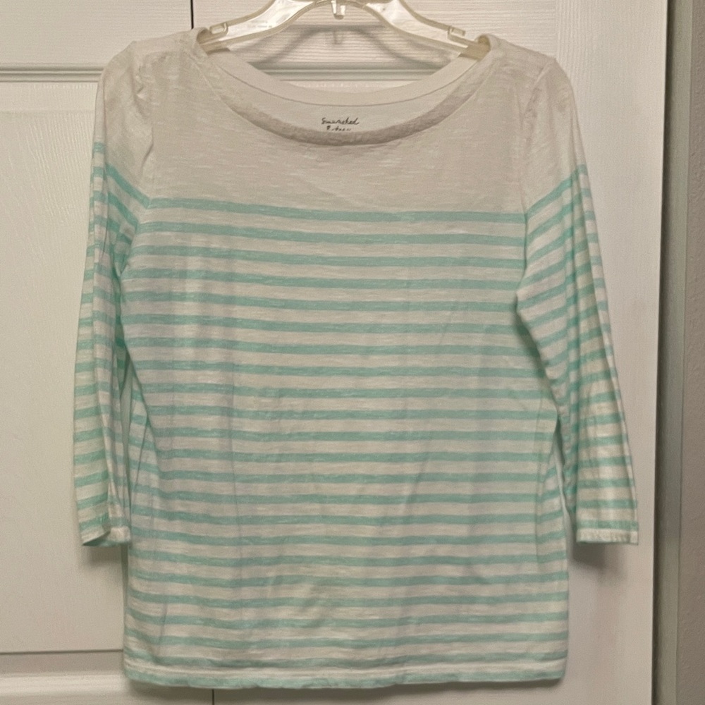 🌷LOFT Sun Washed Bateau Large Striped Popover Top with Quarter Length Sleeves